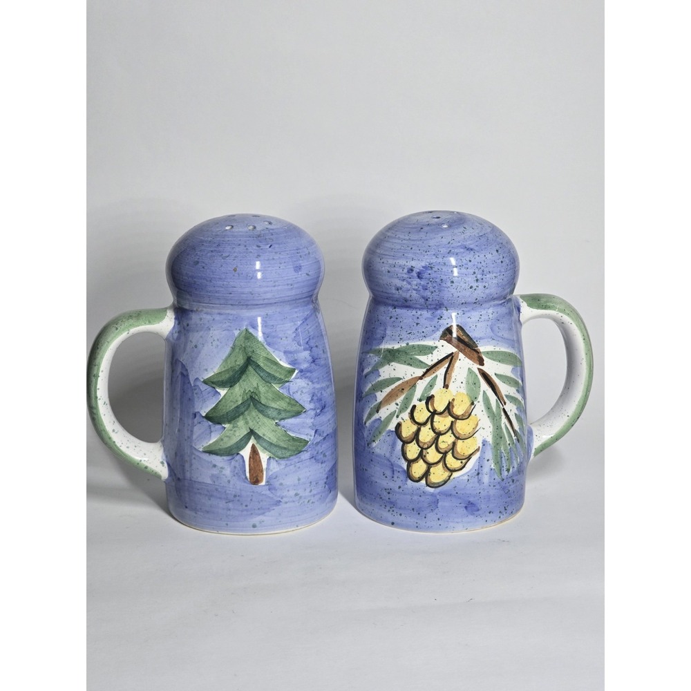 Bella Sierra Salt & Pepper Shakers Pine Cone Tree Blue Ceramic Cabin Woodland...